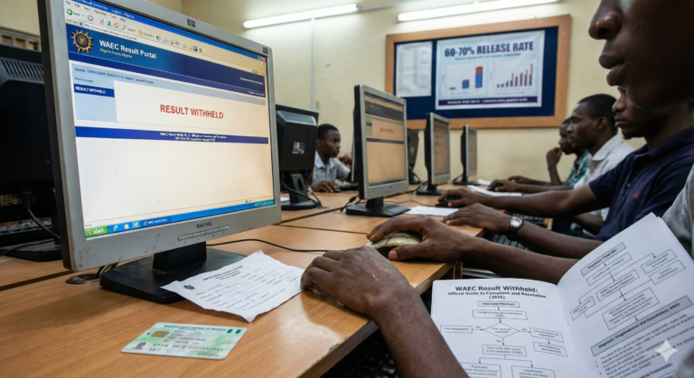 Student checking WAEC portal on computer screen showing Result Withheld message and holding a complaint resolution guide.